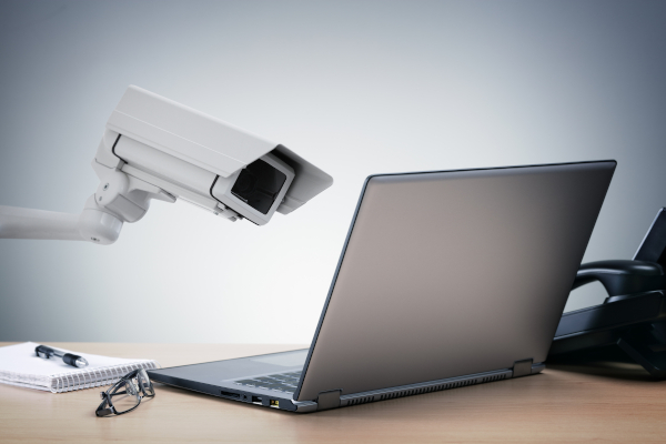 Laptop computer being watched in the office by a security camera concept for big brother surveillance or internet computer security